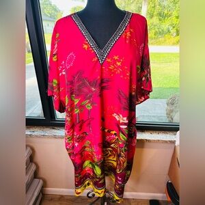 Winlar Fuchsia Animal Print Tiger Parrot V-Neck Caftan One Size Fits Most